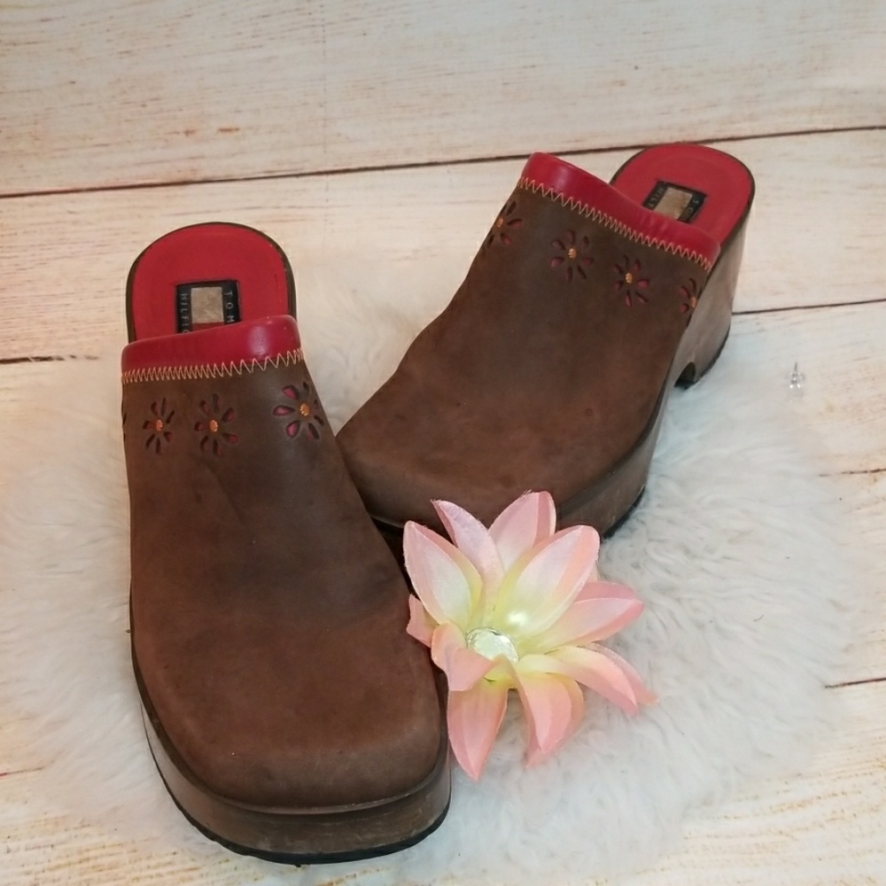 Vintage 👢 Tommy Hilfiger clog mule wood heel 9 M brown